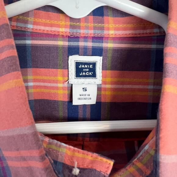 Janie and Jack Kids Plaid Button Down Shirt Salmon Blue Long Sleeve Size 5 - Picture 2 of 2